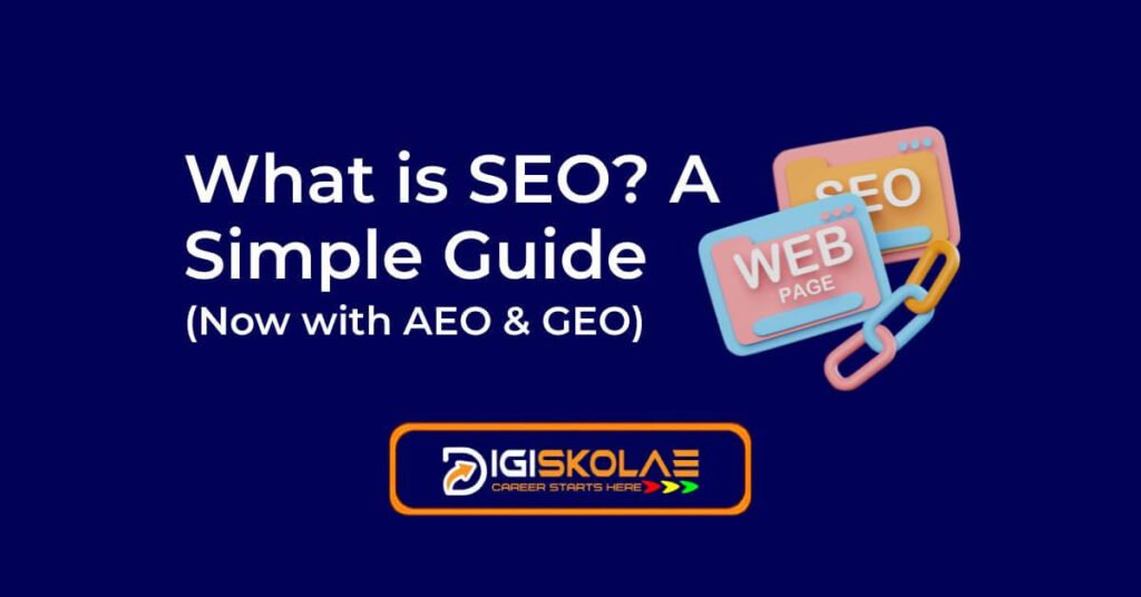 What is SEO illustration showing a linked web page and SEO tag icon, DigiSkolae guide banner