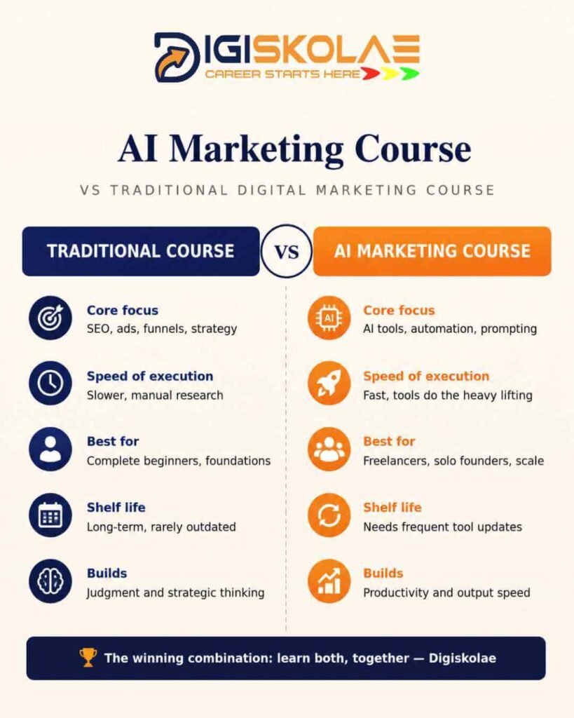 AI marketing course vs traditional digital marketing course comparison infographic