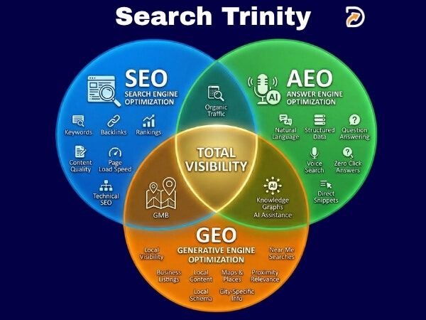 The Search Trinity diagram by Anurag Roy. Overlap of SEO, Answer Engine Optimization (AEO), and Generative Engine Optimization (GEO) for total digital visibility.